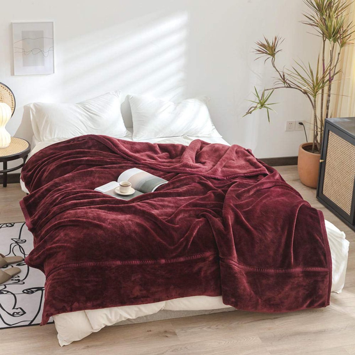 fleece werpdekens Reisformaat - Superzachte donzige warme stevige bedspreien voor bank Microfiber deken -Wijn rood_180x200cm4,2 kg