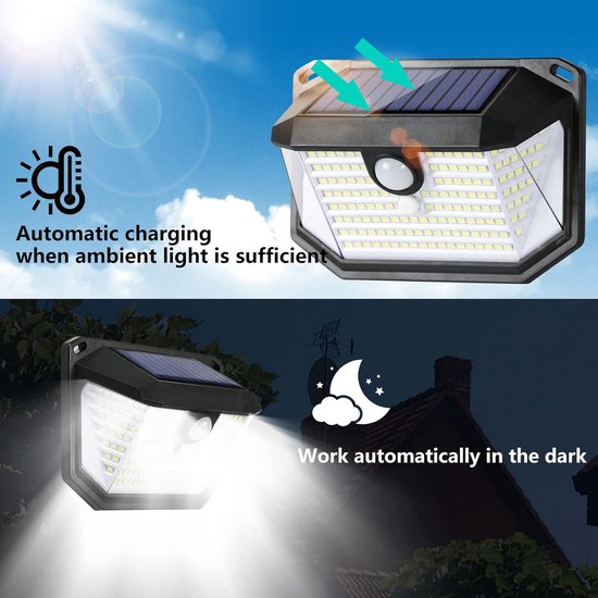 Zonne-lampen voor buiten met bewegingssensor Buiten IP65 Waterdicht Zonneverlichting LED-schijnwerper Buitenlamp Veiligheids-wandlamp Zonne Wandlamp voor Balkon Tuin Garage Zwart. — afbeelding 2