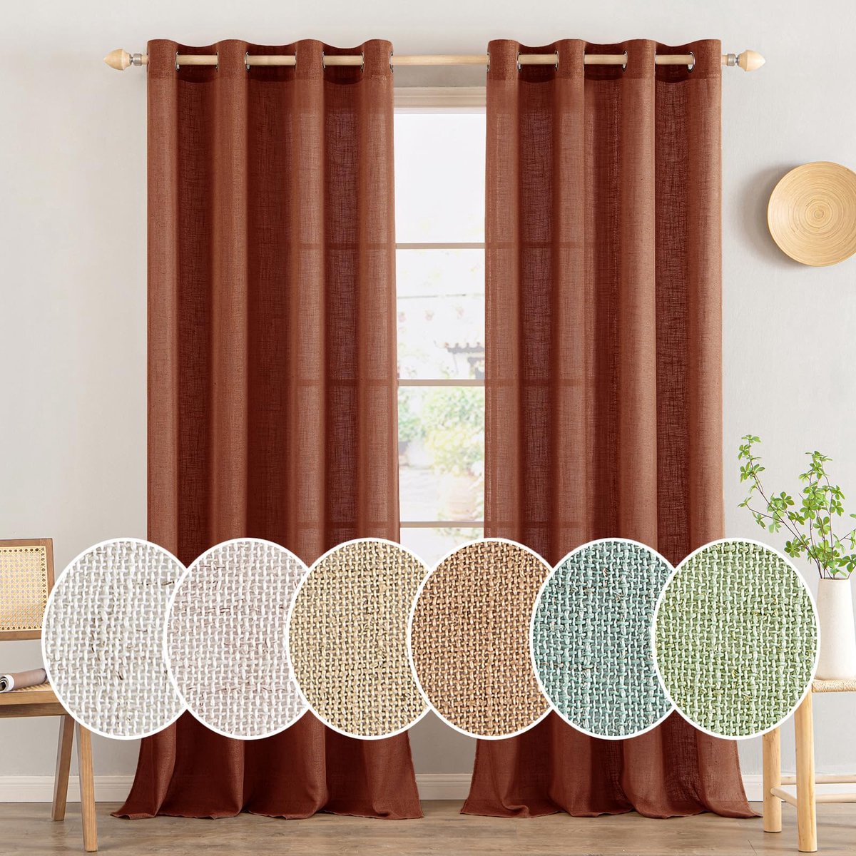 Set van 2 doorschijnende linnen gordijnen met ogen, moderne gordijnen voor twee balkondeuren, voor huiskamer, slaapkamer, h x b 225 x 140 cm, baksteenrood