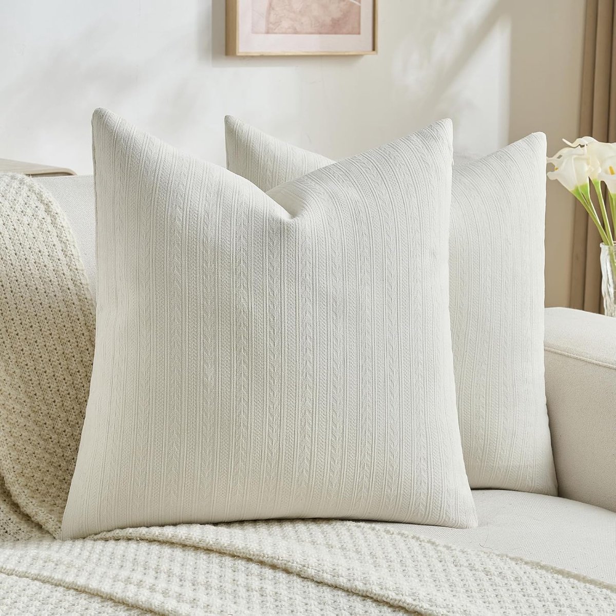 Kussenslopen 50x50, Set van 2, Decoratieve Moderne Kussenhoezen, Elegant Vierkant Bankkussensoop Met Arenmotief, Zachte Chenille Wasbaar voor Slaapkamer Woonkamer Balkon, Crème