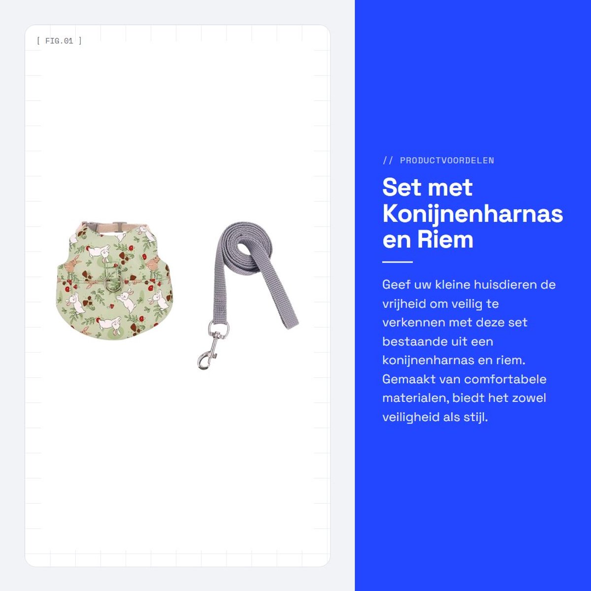 Konijnenharnas Verstelbaar - Trainingsvest - Metalen Gesp - Draaibare Haak - Lichtgewicht - Ademend Materiaal - Huisdierenharnas