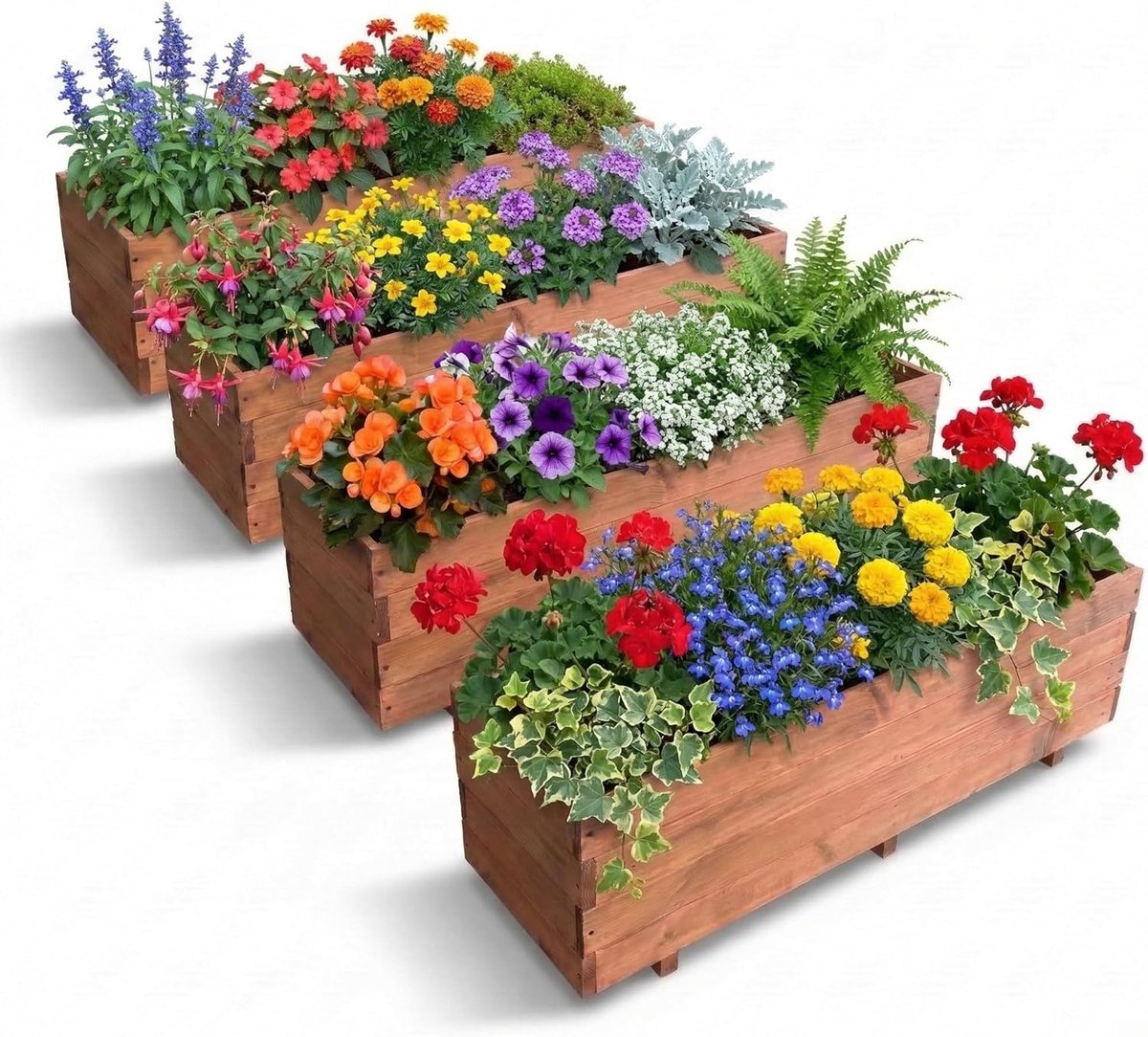 Plantenbak Buiten Groot - Set van 4-120x40x32 cm - Weerbestendige Bloembak Rechthoekig van Massief FSC Hout - Moestuinbak voor Tuin, Balkon & Terras - Incl. Binnenzak