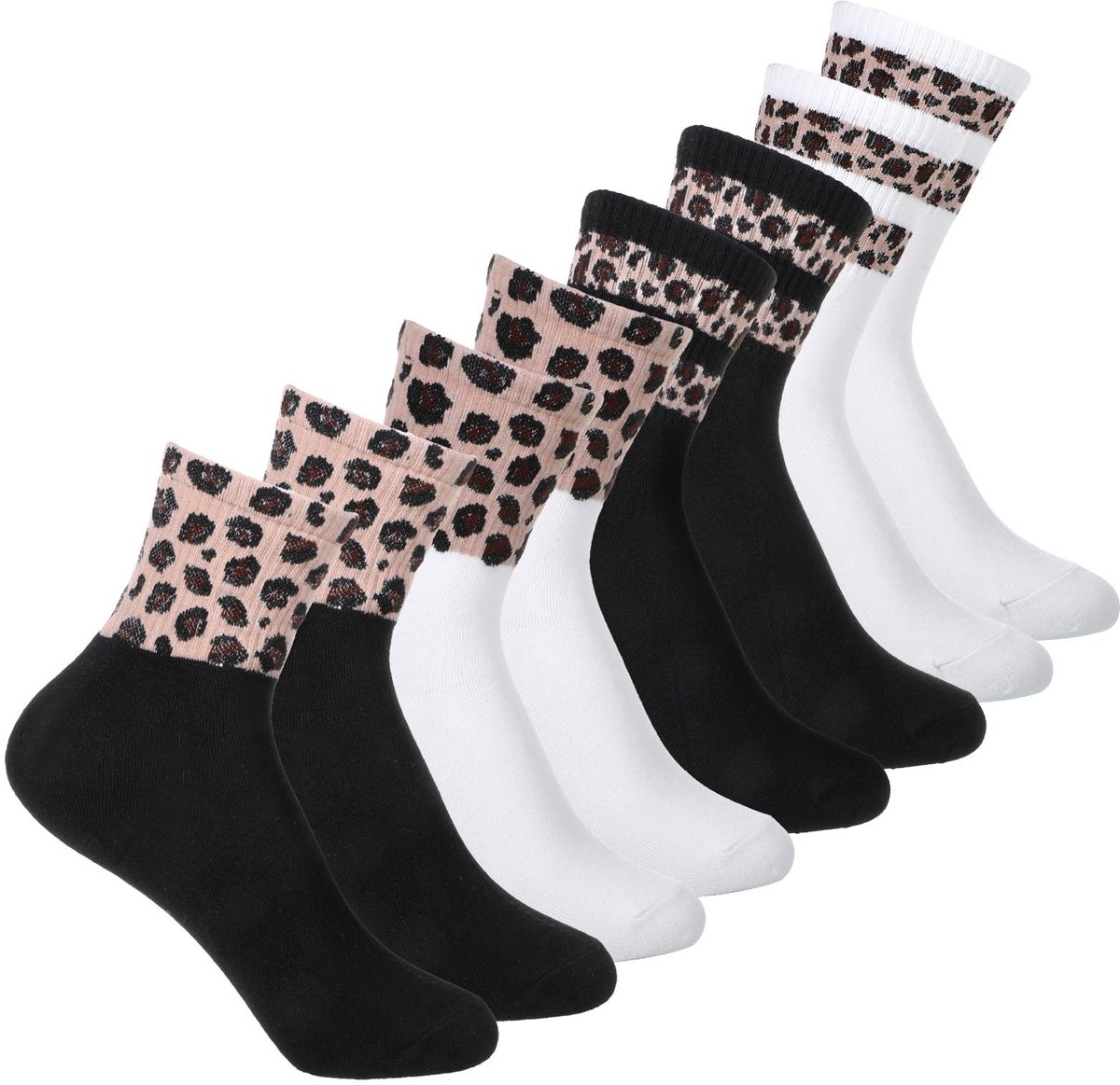 Dailygoods- Sportsokken Dames - 4 Paar - Luipaardpatroon/Print - Ademend - Crew/Sneakersokken - Zwart/Wit - Hoogwaardige Kwaliteit - Sokken