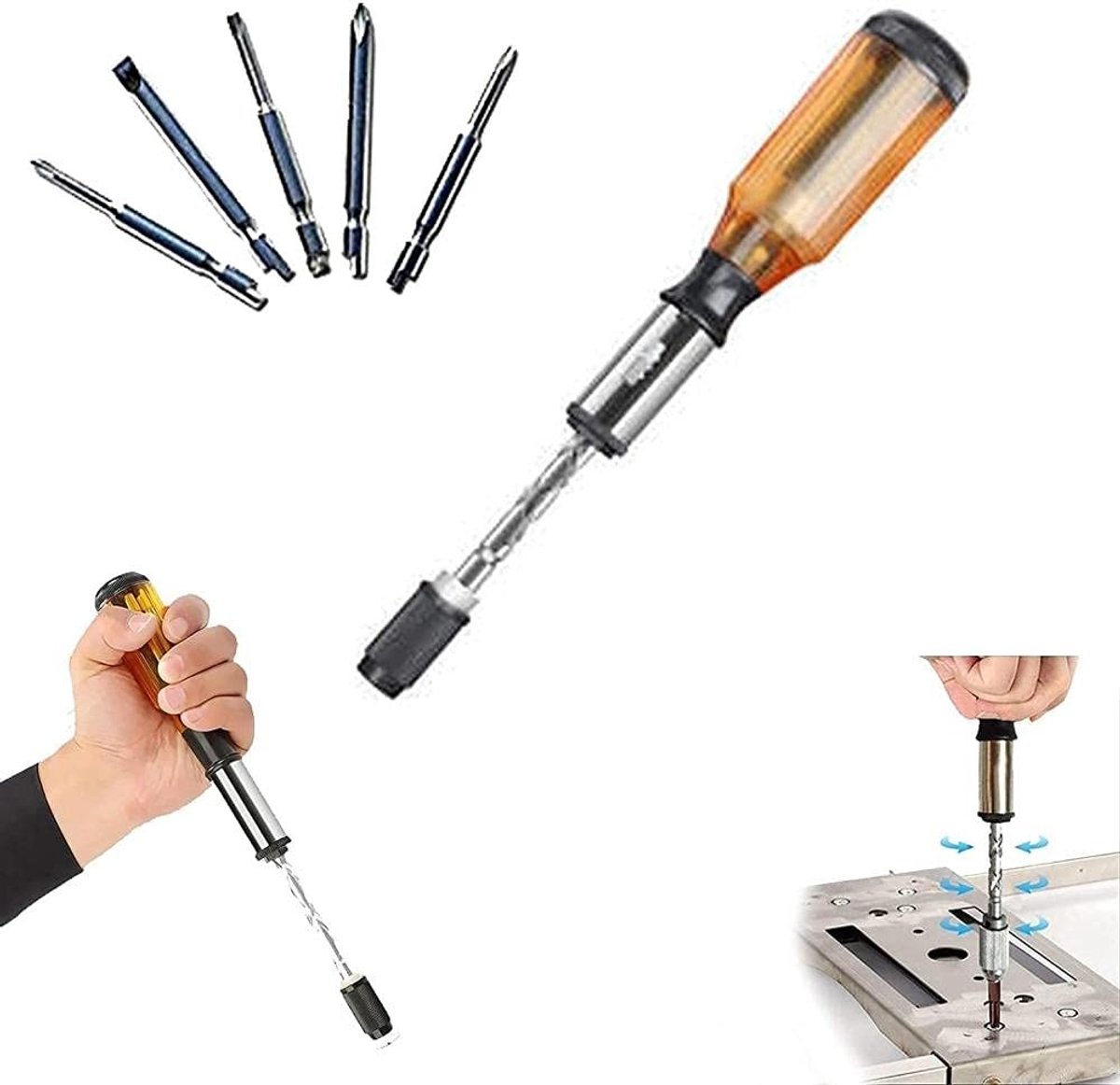 Dailygoods - Push-Pull-Ratelschroevendraaier - Semi-automatische aanpassing - Geel1 - Vervangbare koppen - Handig voor schroeftaken - Comfortabele han...