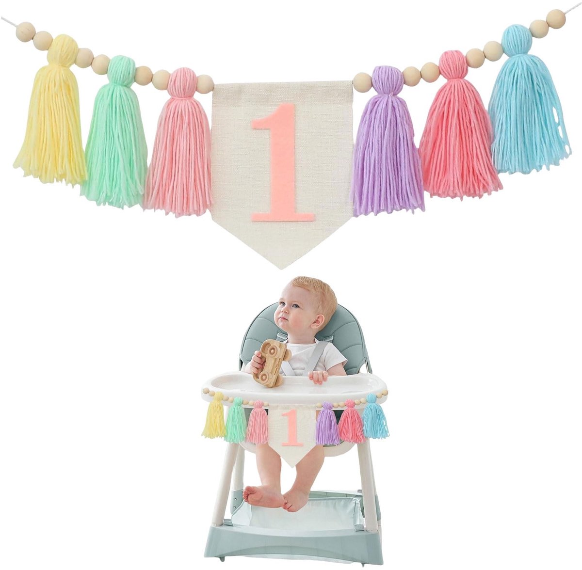 Dailygoods- Kinderstoel Banner Feestdecoratie - Eerste Verjaardag - Kleurrijk - Muurhanger - Decoratie voor Kinderkamer - Met Kwastjes