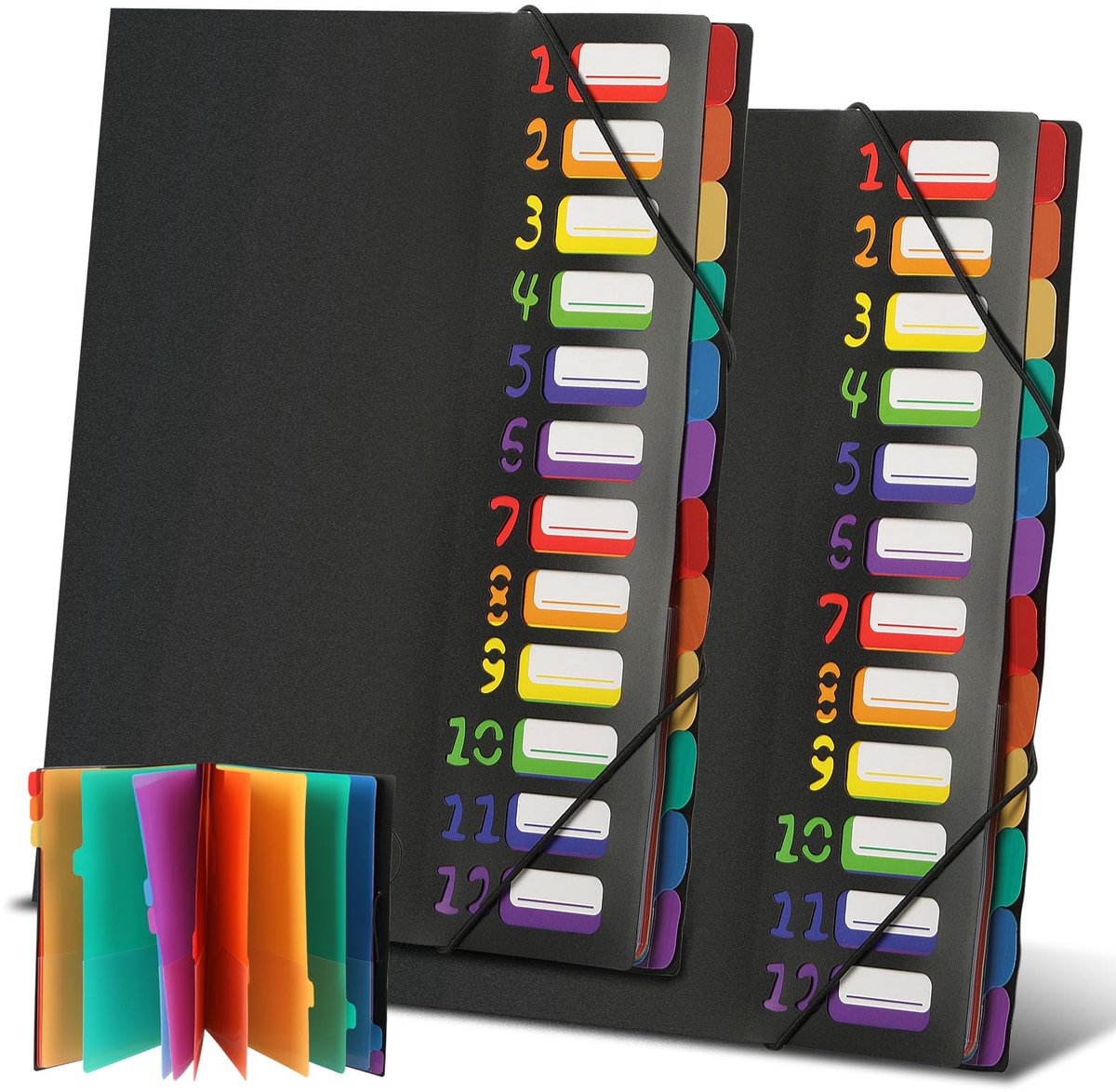 2 stuks documentenmap, A4, draagbaar, met 12 vakken, map-organizer met elastiek, opbergmap met register voor kantoordocumenten, school, huiswerk en papier