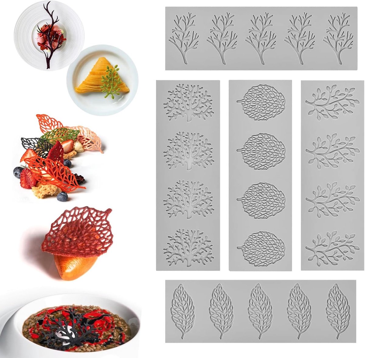 5 stuks tuile siliconenvorm, siliconenvormen bladeren fondant, 3D kant siliconenvorm voor taartdecoratie, levensmiddelen siliconen bakvormen voor chocolade, koekjes, suikerpasta, vormen voor