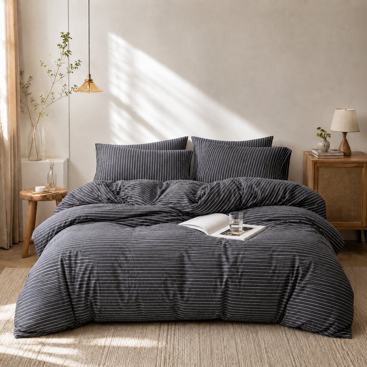 MeiLun Home Soft Living Beddengoedset 4-delig – 180 x 200 cm Hoeslaken – Mist Stripe – 100% Gewassen Katoen – incl. Dekbedovertrek, Hoeslaken, 2 Kussensloop + Gratis Hoofdkussen