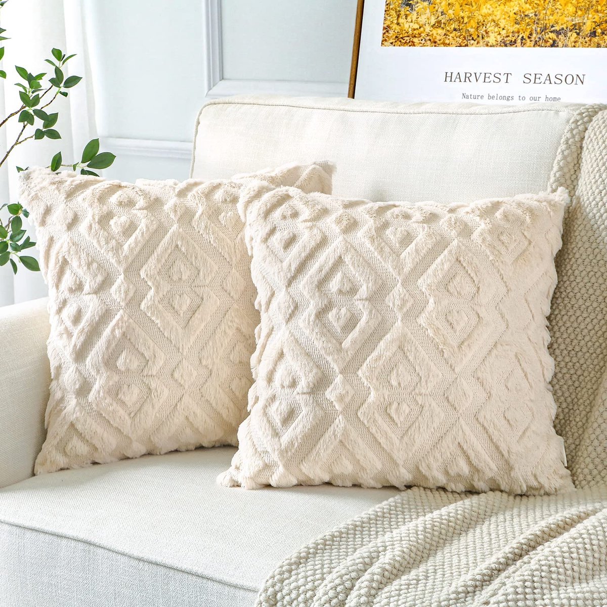 Set van 2 wollen kussenhoezen, zacht pluche, kort wolfluweel, decoratieve kussenovertrekken, luxe bankkussen, Europese kussenhoes voor bank, slaapkamer, geometrisch, crème, beige, 40 x 40 cm
