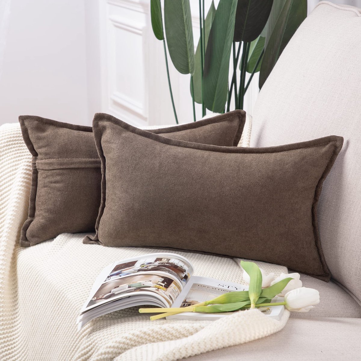 Set van 2 korte Chenille kussenslopen zacht decoratief kussenhoes voor sofa slaapkamer kussensloop 30x50 cm Koffie