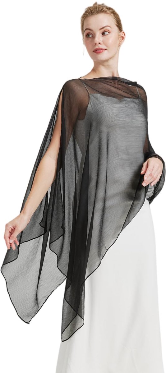 Gekreukte Crêpe Chiffon Avondomslagdoek voor Dames–Lichtgewicht Elegance voor Bruiloften,Feesten & Galajurken-Zwart
