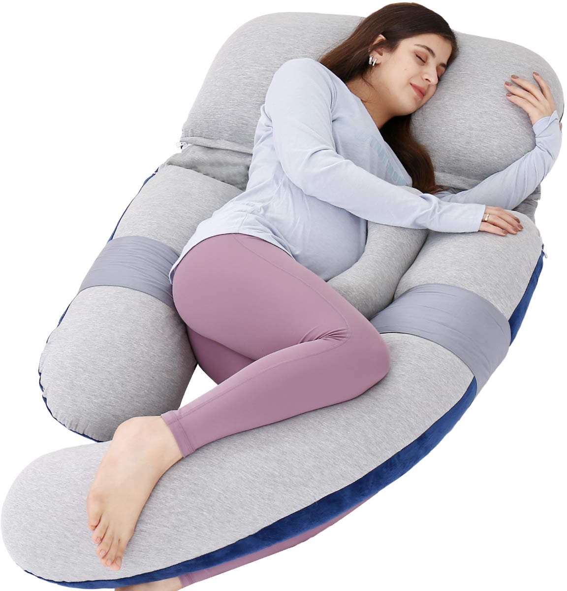 groot U-vormig lichaamskussen, 152 cm, borstvoeding, moederschap en zwangerschap, met afneembare kant, apart steunkussen en afneembare hoes (blauw & groen (Velvet Blue&Jersey Grey))