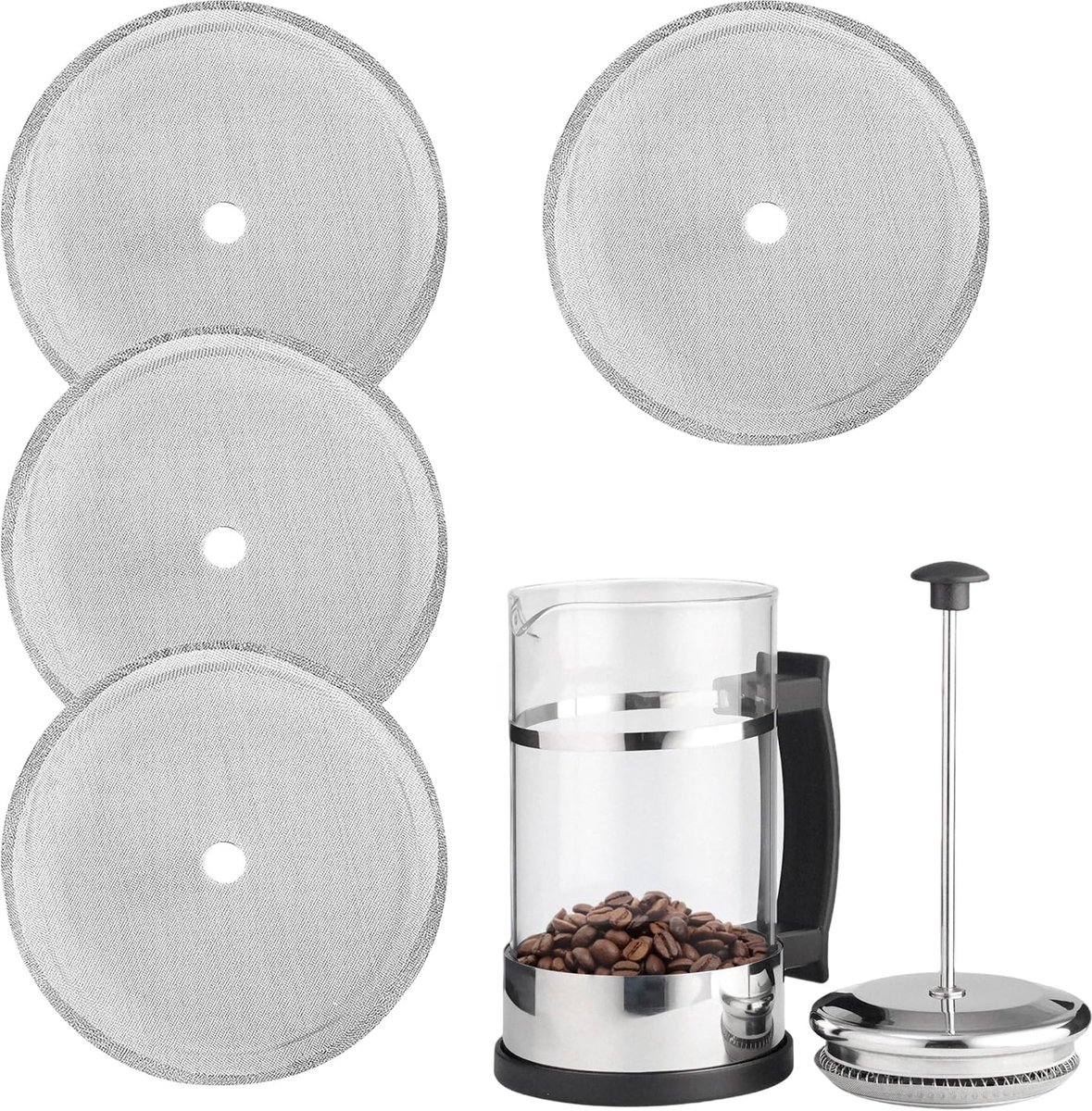 4-pack Vervangende Filters voor French Press, 4-inch Herbruikbare Roestvrijstalen Koffiefilters, Duurzaam Filtergaas