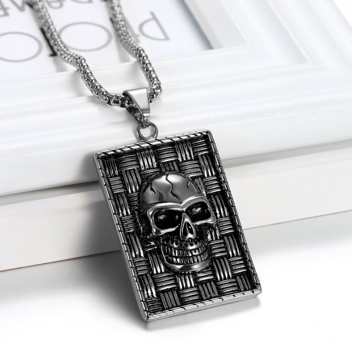 JewelryWe Gepersonaliseerde halsketting voor heren, met foto en tekstgravure, militair identiteitsplaatje, legerstijl, dog tag, hanger met ketting, zilver/zwart