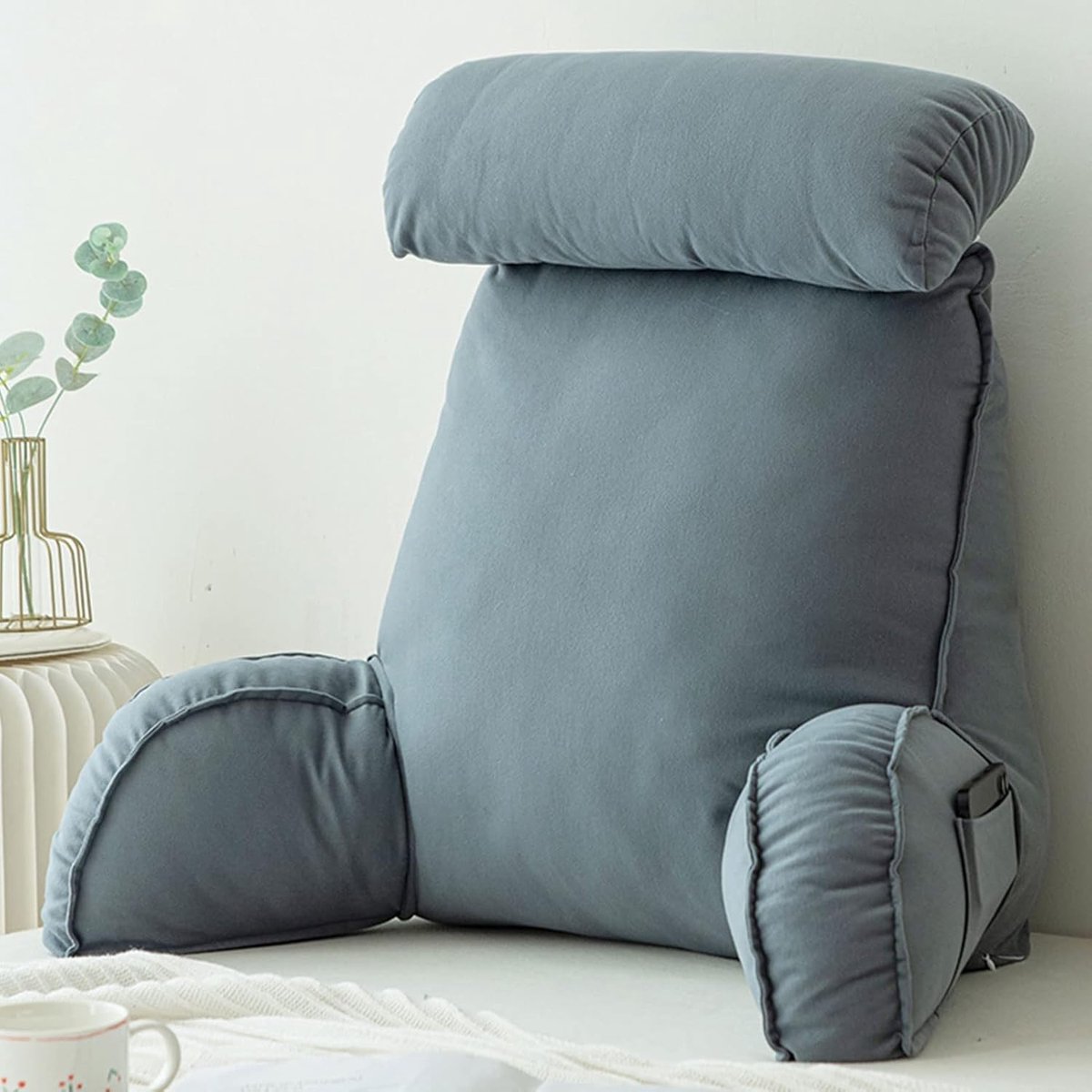 Leeskussen voor bed, lendensteunkussen, knuffelkussen, bedstoelkussen met armen, sofa taillekussen, met rond kussen, perfect om te zitten, lezen of gamen, 75 × 40 × 50 cm.
