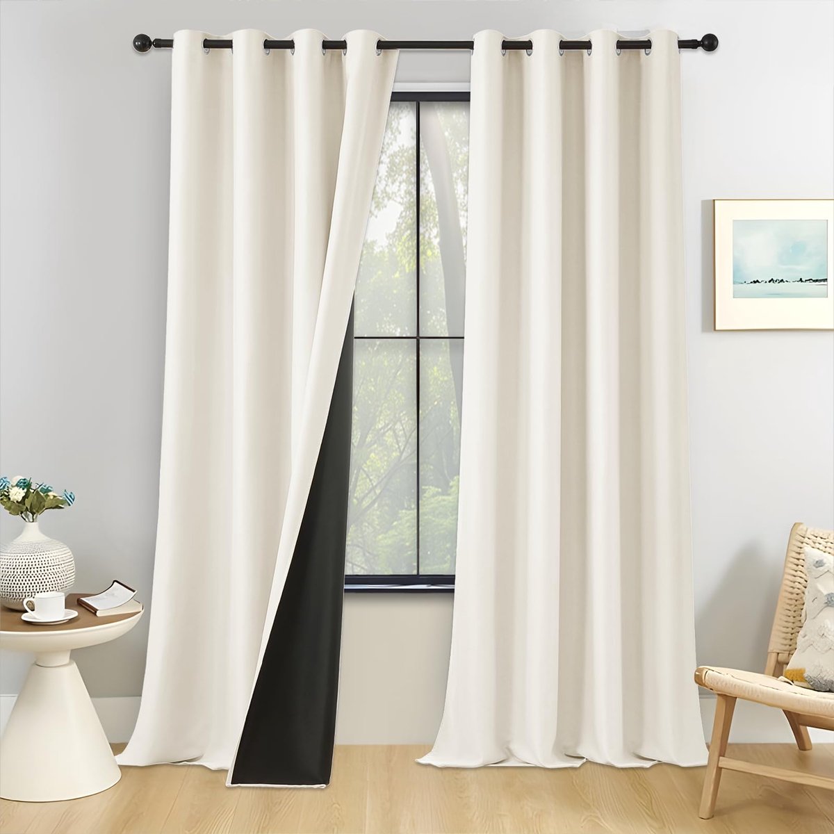 Gordijnen met inslagringen, ondoorzichtig, lichtbeige, set van 2, thermogordijn, warmte-isolerend, geluidsisolatie, 250 cm lang, ondoorzichtige gordijnen voor woonkamer, 140 cm breed