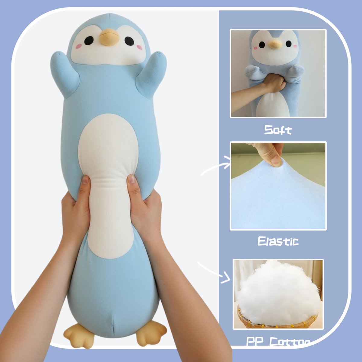 Knuffel Pinguïn, Lang Pinguïn Knuffelkussen, Extra Zachte Knuffeldier als Lichaamskussen, Kerstcadeau voor Kinderen & Volwassenen (Lichtblauw, 90cm/35.43in)