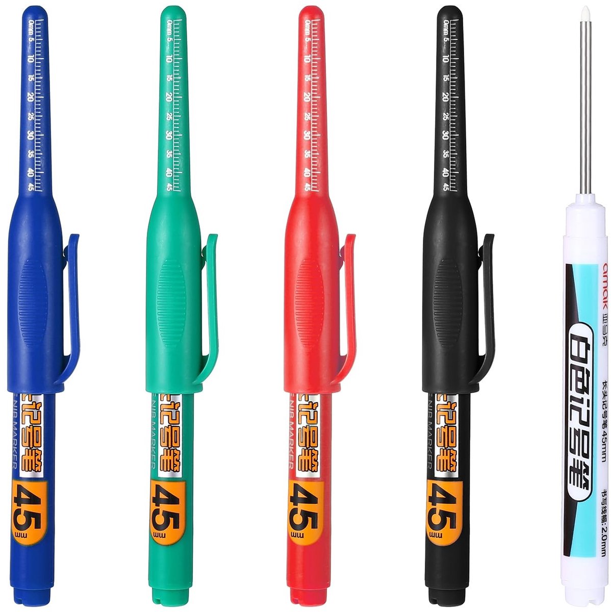 Dailygoods- Markeerstift 5 Stuks - Dieptegatmarkers - Waterbestendig - Extra Lange Punt - Kunststof - Tekenstift voor Hout/Muur - Dieptemarker