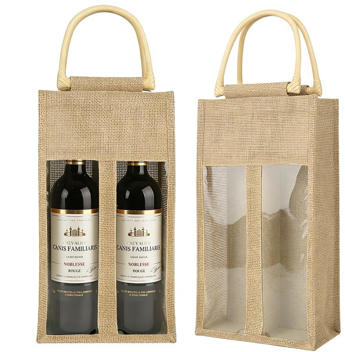 Dailygoods- Flessentas Set van 2 - Jute Wijndraagtas - Kijkvenster - Handvat - Herbruikbaar - 17 x 10 x 33 cm - Wijntas