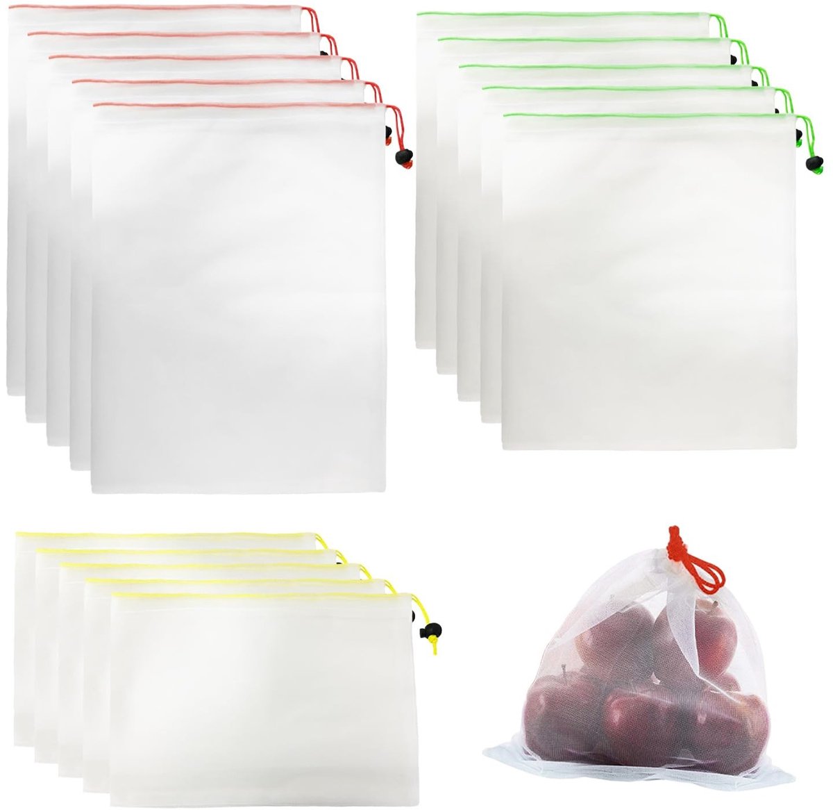 Dailygoods- Opbergzakken 15 stuks - Herbruikbaar - Wasbare Nettas - 3 Maten - Lichtgewicht - Duurzaam - Milieuvriendelijk - Opbergtassen