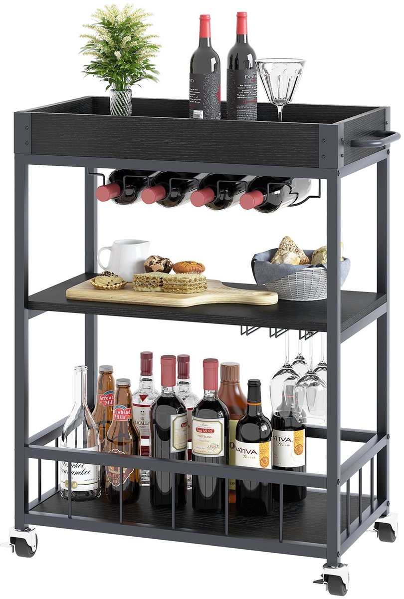 Dailygoods - Huhote Serveerwagen, keukentrolley, barwagen met wieltjes, wijnwagen met flessenhouder, 3 etages, drankwagen voor woonkamer, eetkamer, keuken, bar, feest, zwart houtnerf
