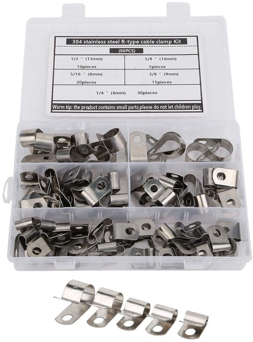 Dailygoods- Kabelclips Roestvrij Staal 80 Stuks - R-Type Clip - Kabelklemset - Geschikt voor Draden/Pijpen - Diverse Maten - Voor Binnen/Buiten - Klemmen
