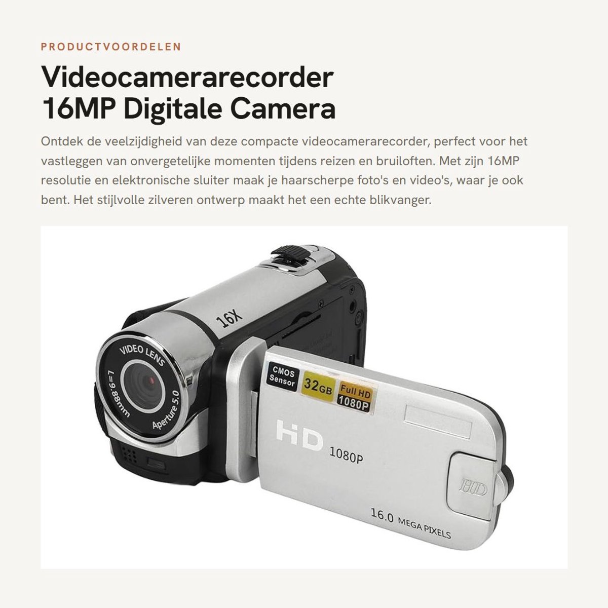 Dailygoods - Videocamerarecorder - 16MP Digitale Camera - USB-aansluiting - Silver - Reisbruiloftopname - Handig voor onderweg - Inclusief vullicht