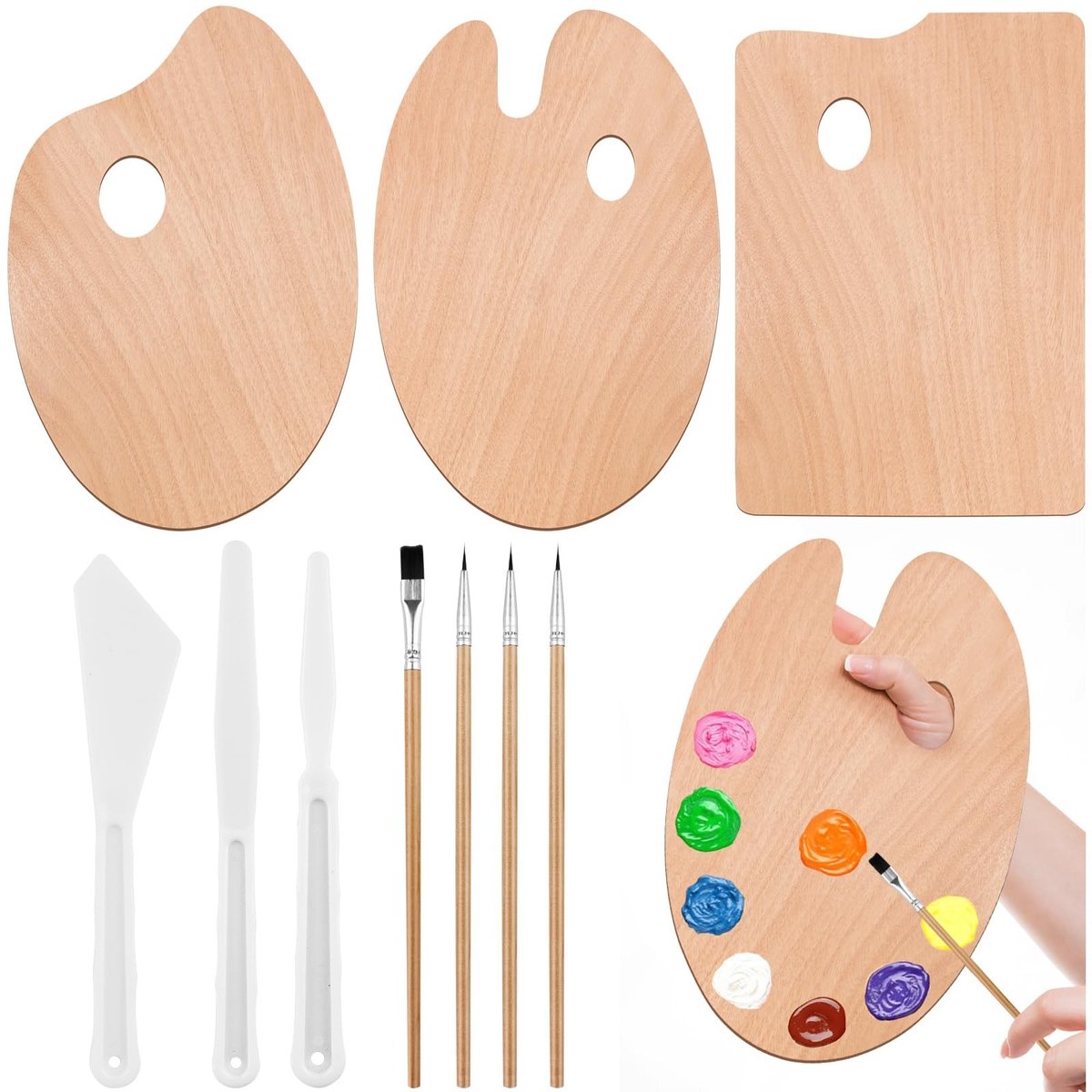 Dailygoods- Mengpalet 10 Stuks - Houten Palet - 3 Vormen - 30 x 20 cm - Schildermes - Borstels Acrylverf - Compleet Set - Schilderspalet