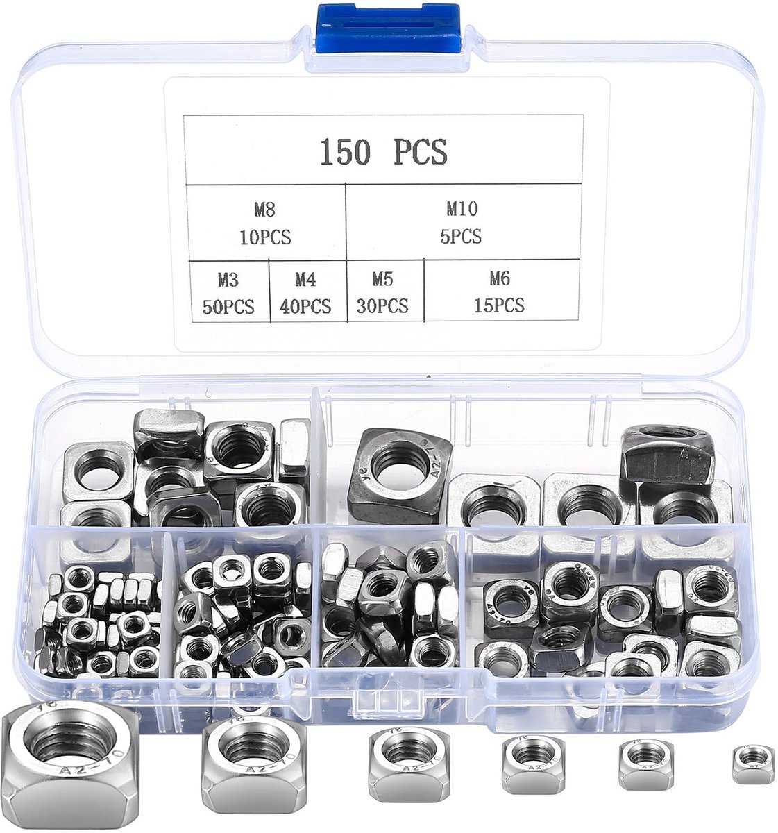Dailygoods - Vierkante Moer, 150 Stuks Roestvrij Staal Vierkante Moeren, Vierkante Inlegmoer Assortimentsset voor Houten Meubelen Schroefmoeren - M3 M4 M5 M6 M8 M10