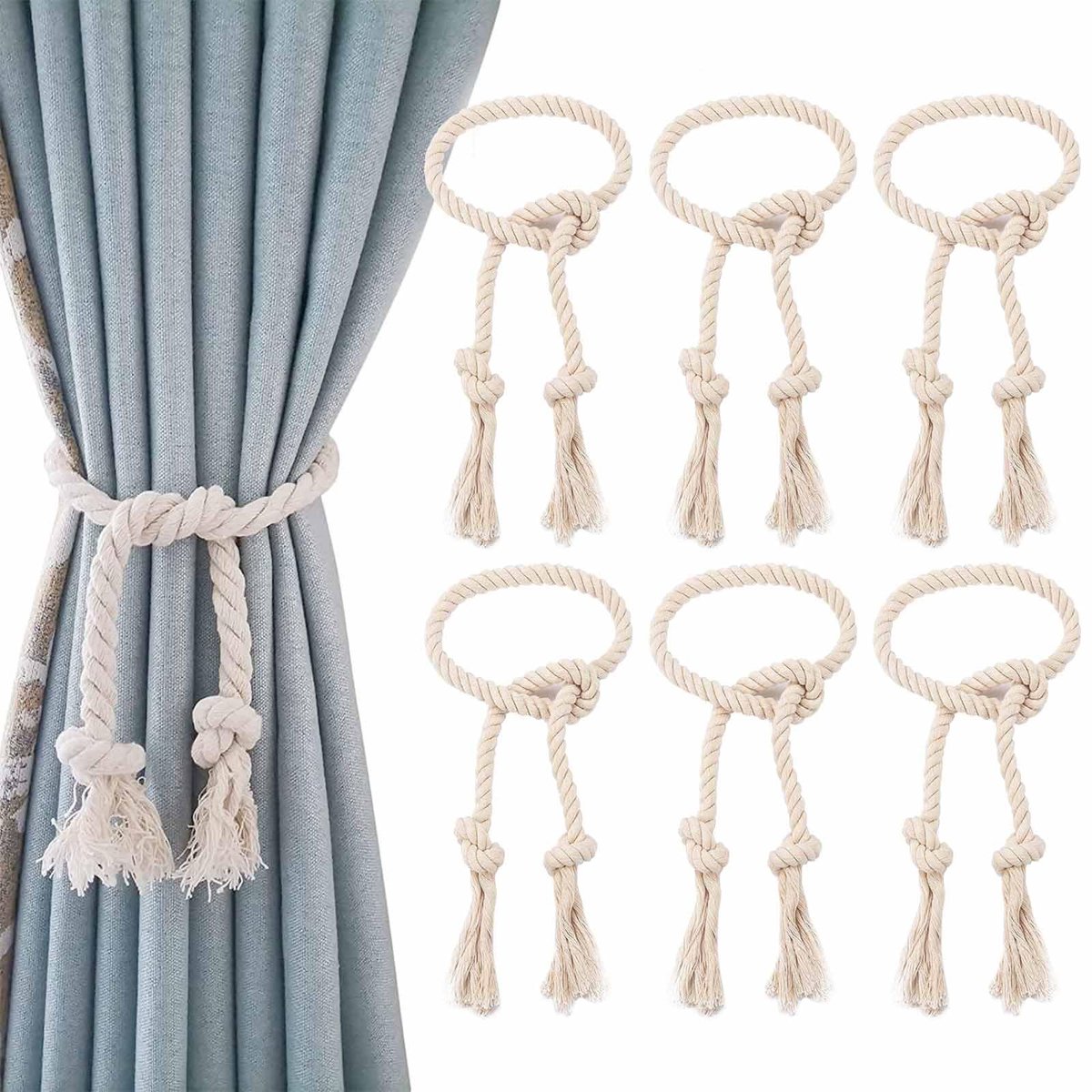 Dailygoods- Gordijnhouders 6 Stuks - Embrasses met Kwast - 75 cm - Gevlochten Henneptouw - Voor Thuis/Kantoor - Rustieke/Elegante Look