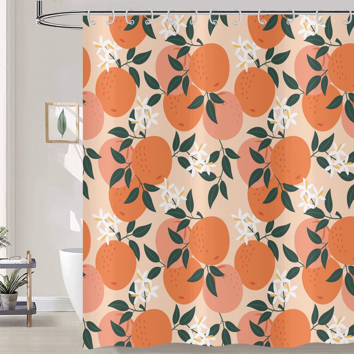 Gordijn, schattig oranje roze fruit groen blad bloemen douchegordijnen aquarel kunst schilderij esthetische badkamer gordijnen waterdichte stof wasbare badgordijnen met haken 180