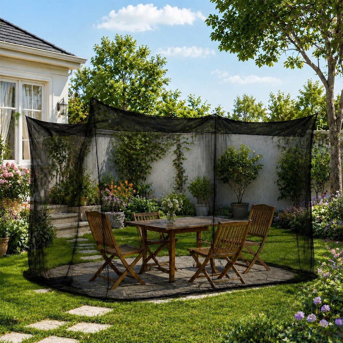 300 x 300 x 250 cm, outdoor, XXL insectenhor met 256 fijnmazig mesh en 1 deur, ideaal voor paviljoen, tuin, campingbed en terras, geschikt voor tweepersoonsbed (zwart, 300 x 300 x 250 cm)