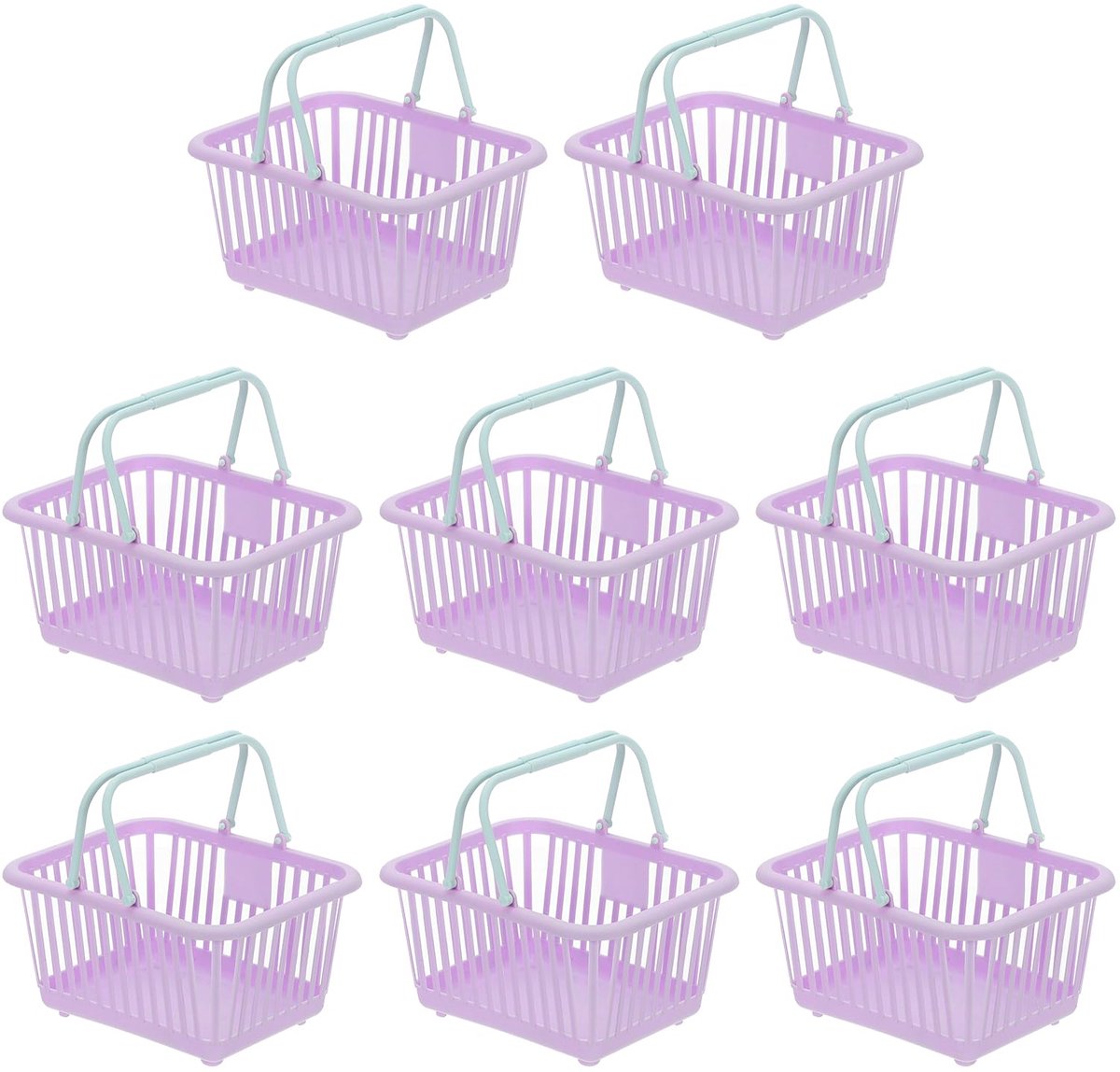 8 stuks kleine plastic mand, mini-opbergmand, kruidenierswinkelmandjes met handvat, organizer, gefilterd water voor het organiseren van speelgoed, fruit, groenten, snacks, paars