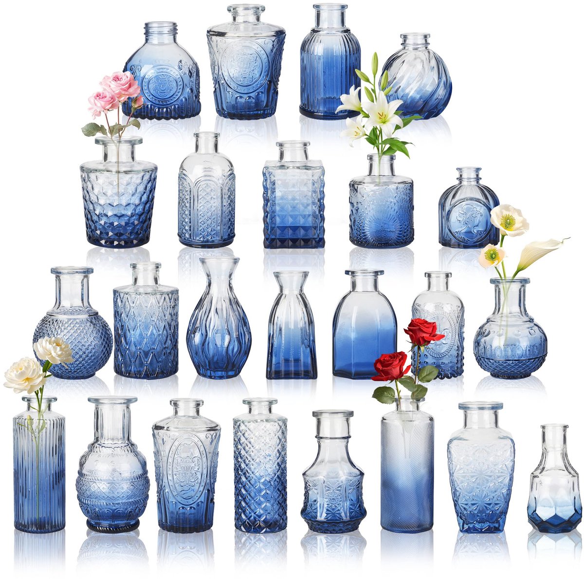 vazen voor tafeldecoratie, miniatuur vintage glazen vazen voor bruiloften, babyshower, woondecoratie, kleine decoratieve vazen voor bloemen, planten of geschenken, blauw, set van 24