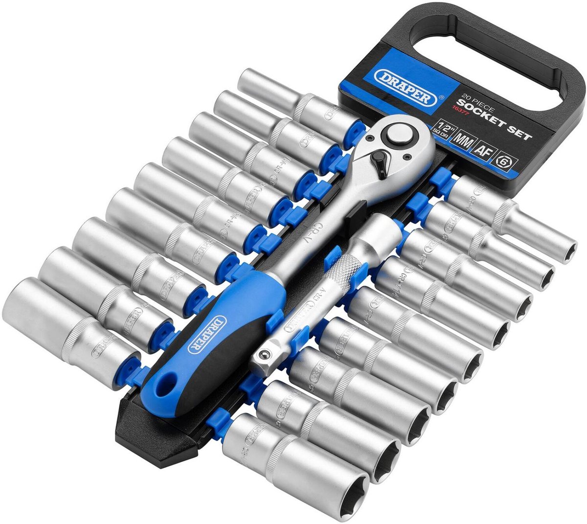 Draper 1/2" Lange metrische + inch doppenset + ratel, 20-delig