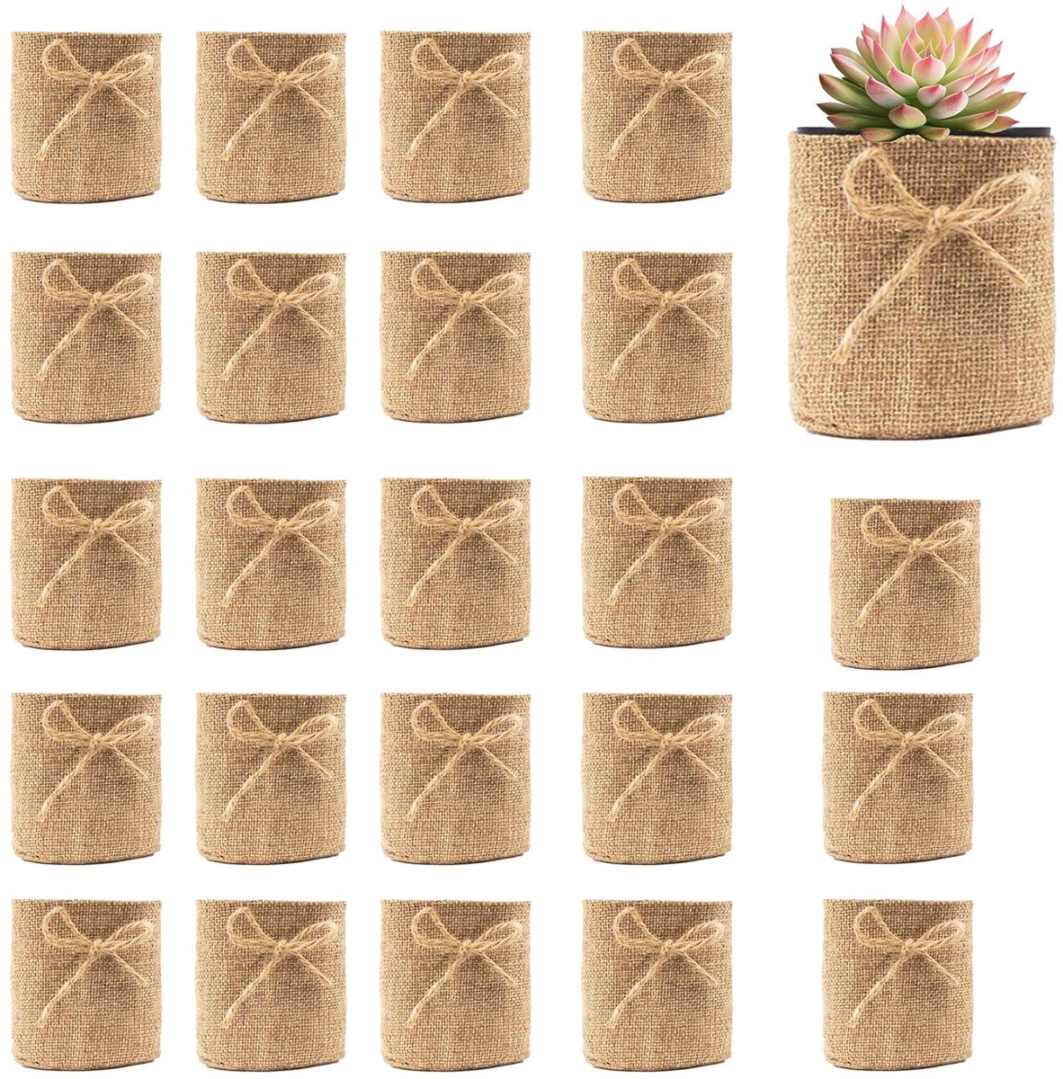 24 stuks linnen mini vetplanten wikkelzakken als plantenpot in voordeelverpakking, 8,5 x 8 cm, plantencadeau voor kantoormedewerkers, leraren, verpleegsters, ouders