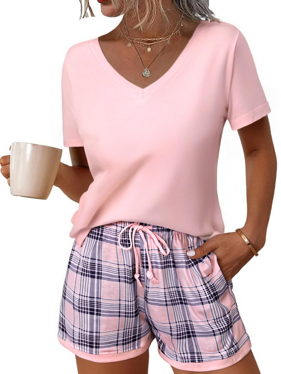 Damespyjama, korte pyjama, korte mouwen, nachtkleding, set, katoen, slaapbroek, geruit, bedrukt, sleepwear, zomer, V-hals, loungewear