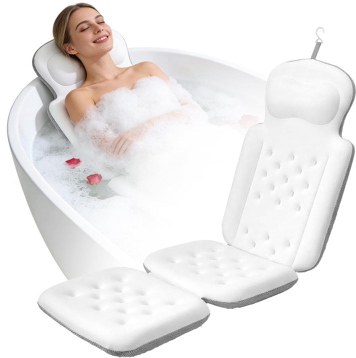 Badkussen voor het hele lichaam met 192 zuignappen en waszak | Antislip badkussen van ademend Air-Mesh, hoofd-, nek- en schouderondersteuning voor ontspanning, thuisspa-accessoires (wit)
