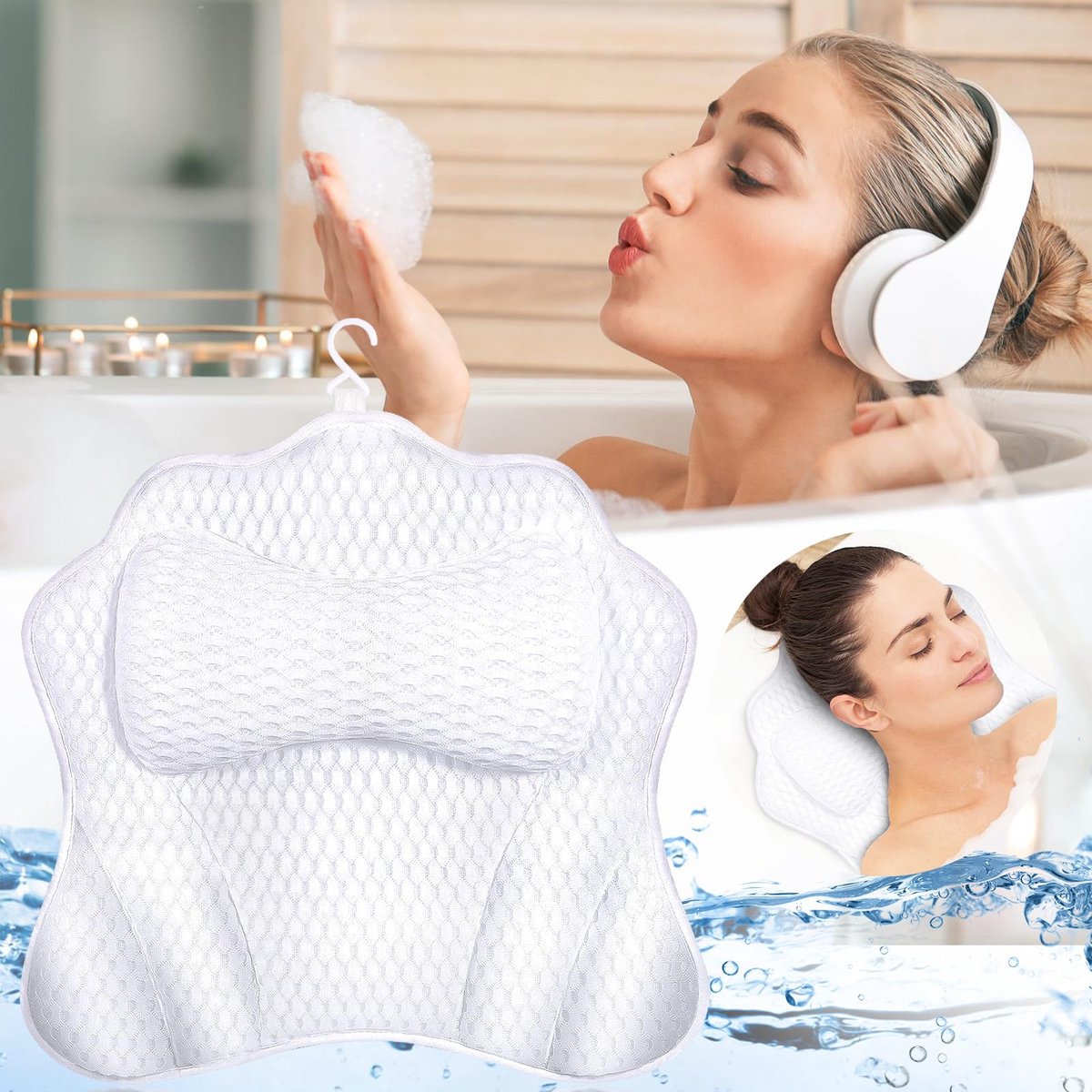 Badkussen, Comfortabel 4D Air Mesh Badkussen, Badkuipkussen, Ergonomische Hoofdsteun, Ondersteunt Hoofd en Nek, voor Thuisspa en Jacuzzi met zuignappen