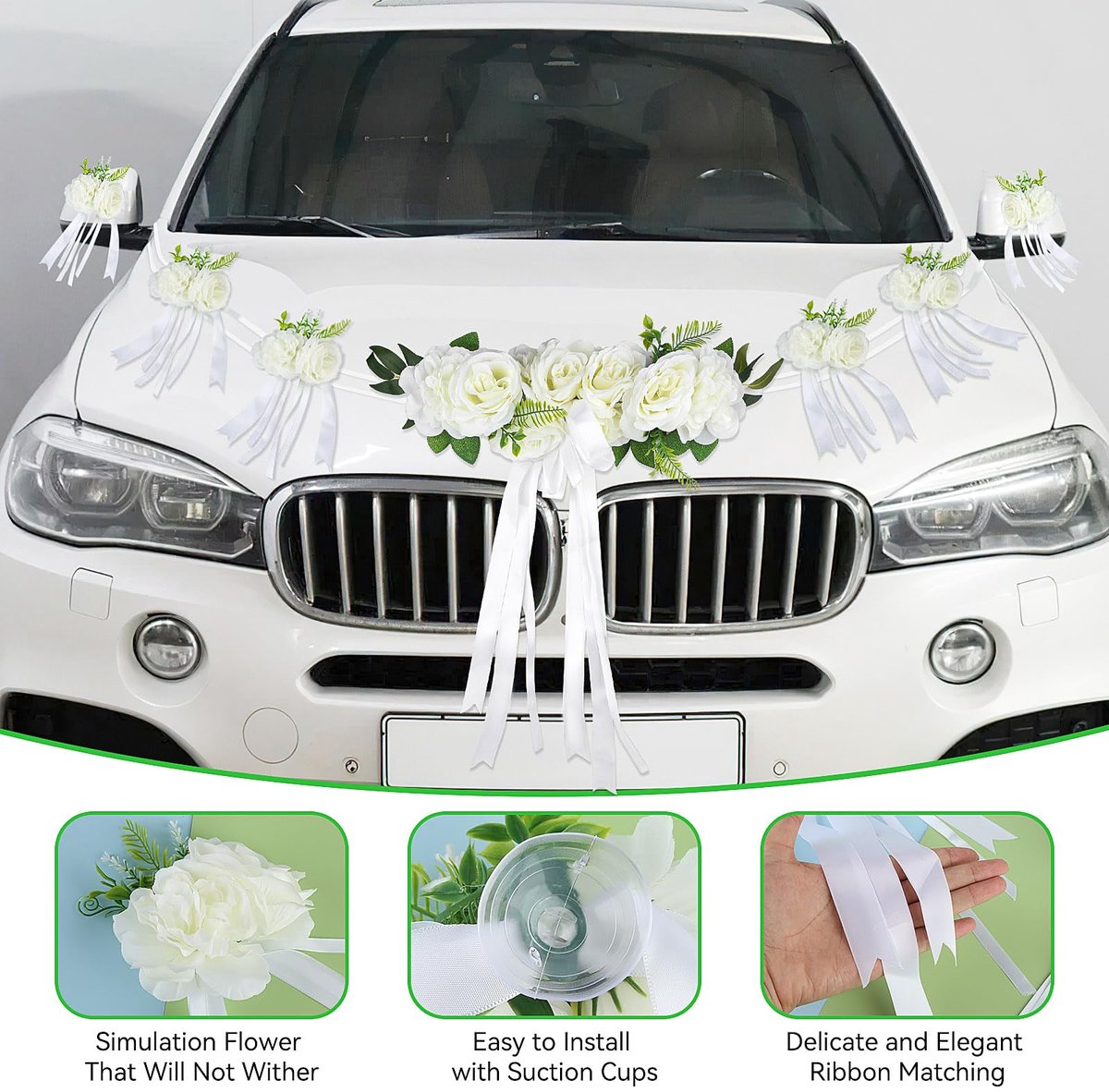 autoversiering voor bruiloft, bruiloftsdecoratie auto met zuignappen, bevat 9 clusters van zijden bloemen, autodecoratie voor bruiloft, receptie, ceremonie