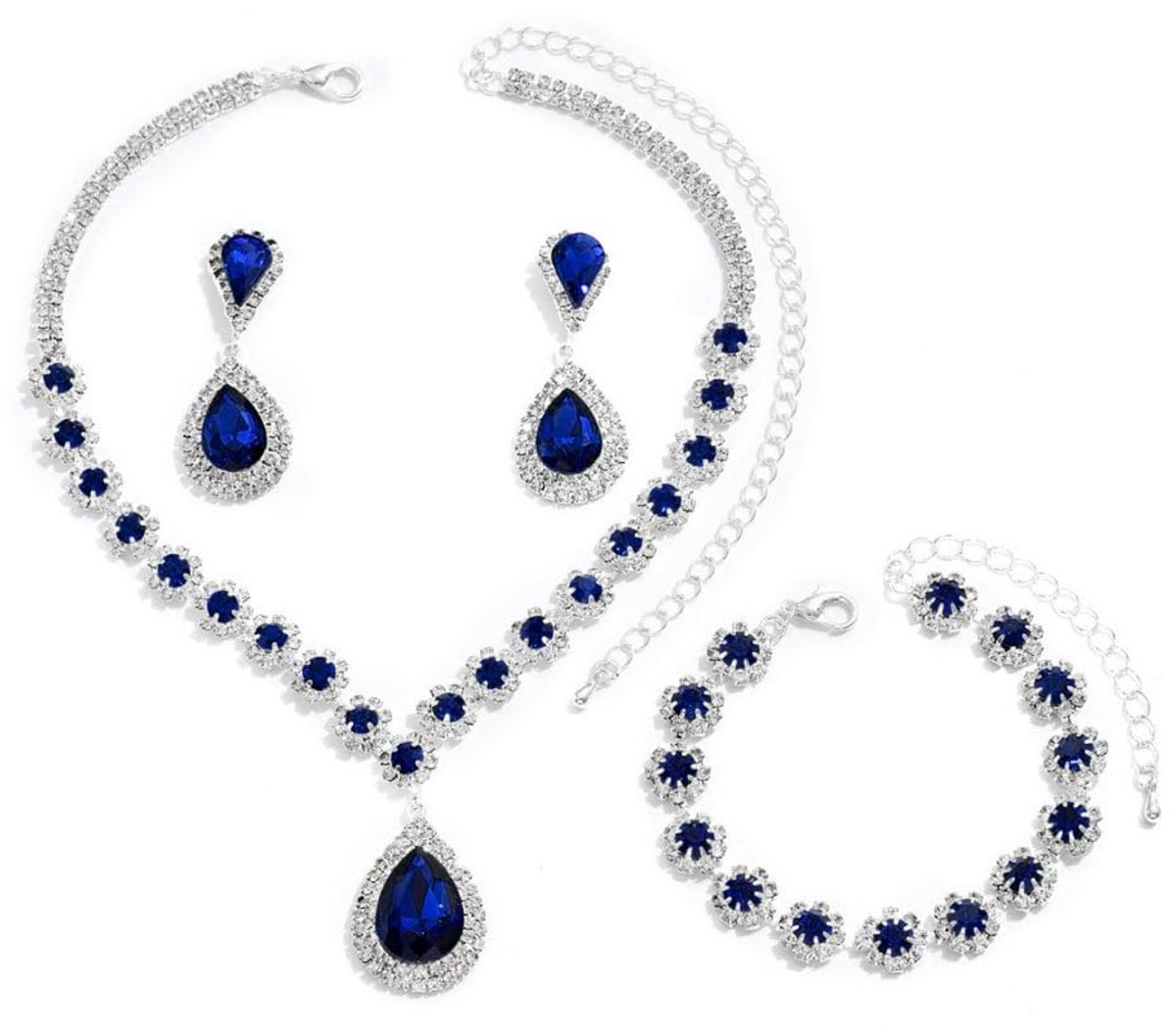 Sieradenset voor dames, elegante eenvoudige sieradenset, bruid, hanger, bruidssieraad met strass, grote halsketting, armbanden, oorbellen, set, cadeau sieraden