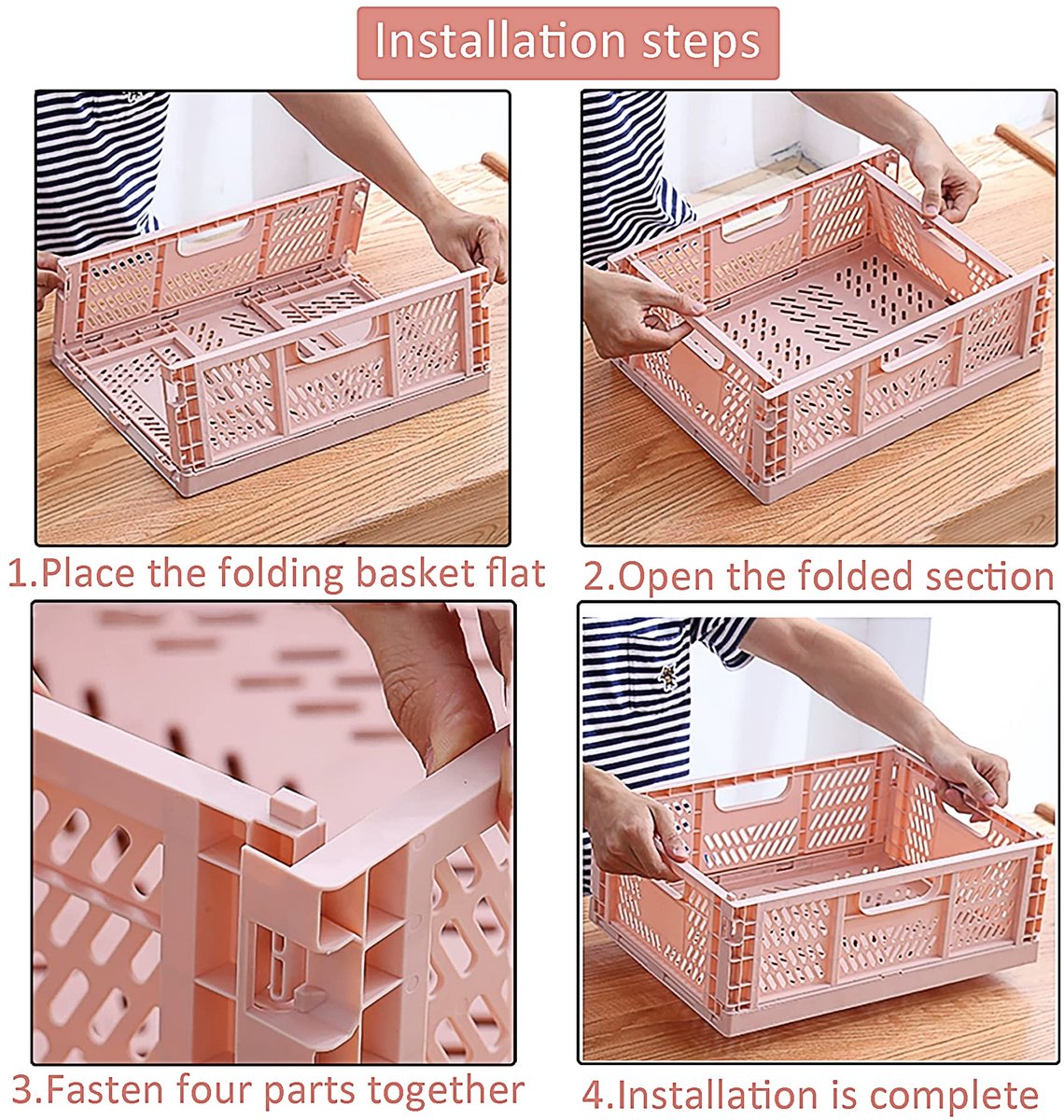 4 stuks opvouwbare kratten opbergdozen stapelbare opbergmanden plastic opvouwbare krat dozen met handgrepen voor keuken, woonkamer, kantoor (2 x roze + 2 x grijs)