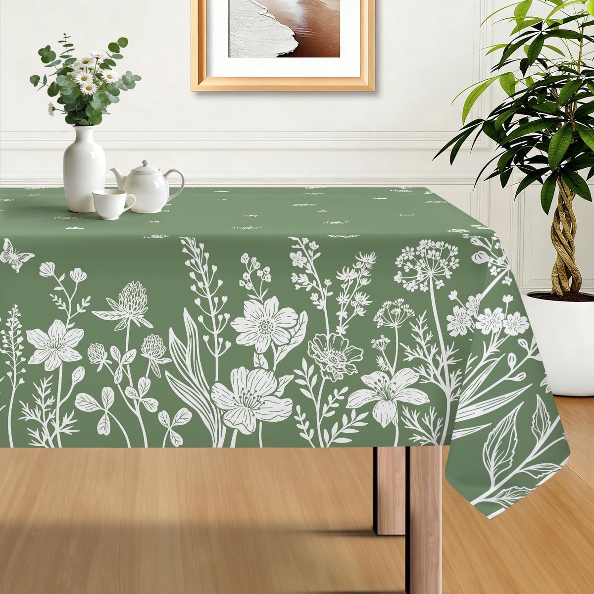 Tafelkleed afwasbaar bloemen vlinder groen tafelkleden rechthoekig polyester tafelkleed oliebestendig voor feest picknick diner keuken eten outdoor tafel decor, 140 x 180 cm