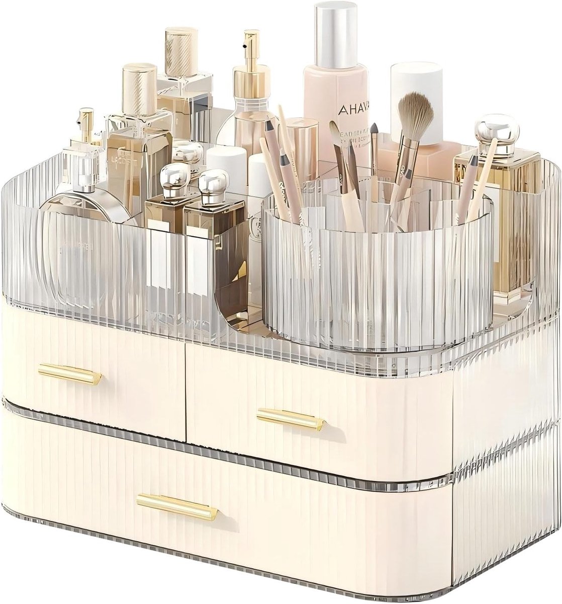 Grote Capaciteit Make-up Organizer met Lades en Draaiende Borstelhouder voor Cosmetica, Ideaal voor Badkamer en Bureauopslag