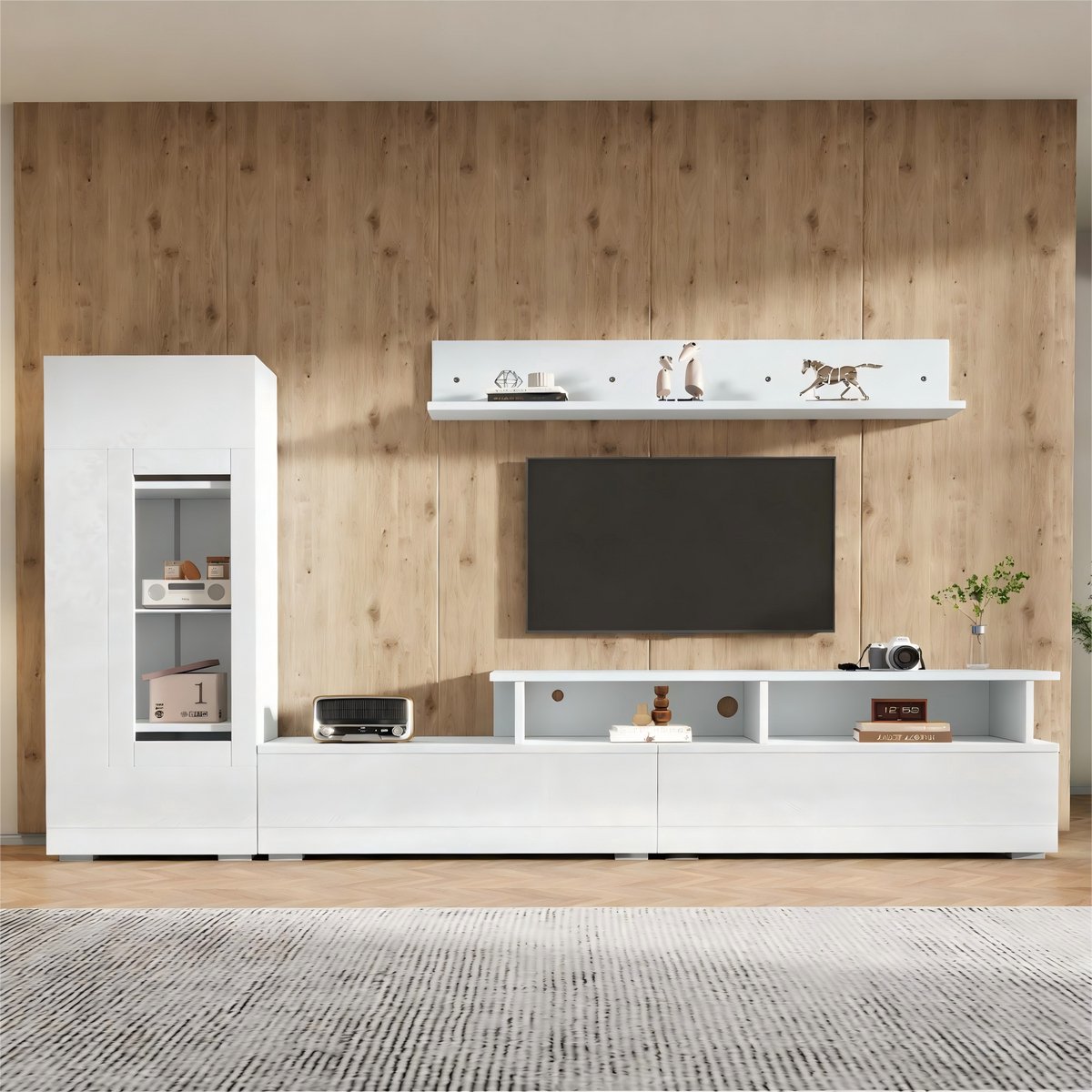REDOM - 3-delige wandmeubelset - TV-meubel, vitrinekast en wandplank - LED-verlichting via app - Hoogglans front - Spaanplaat - Wit - 170 x 35 x 45 cm