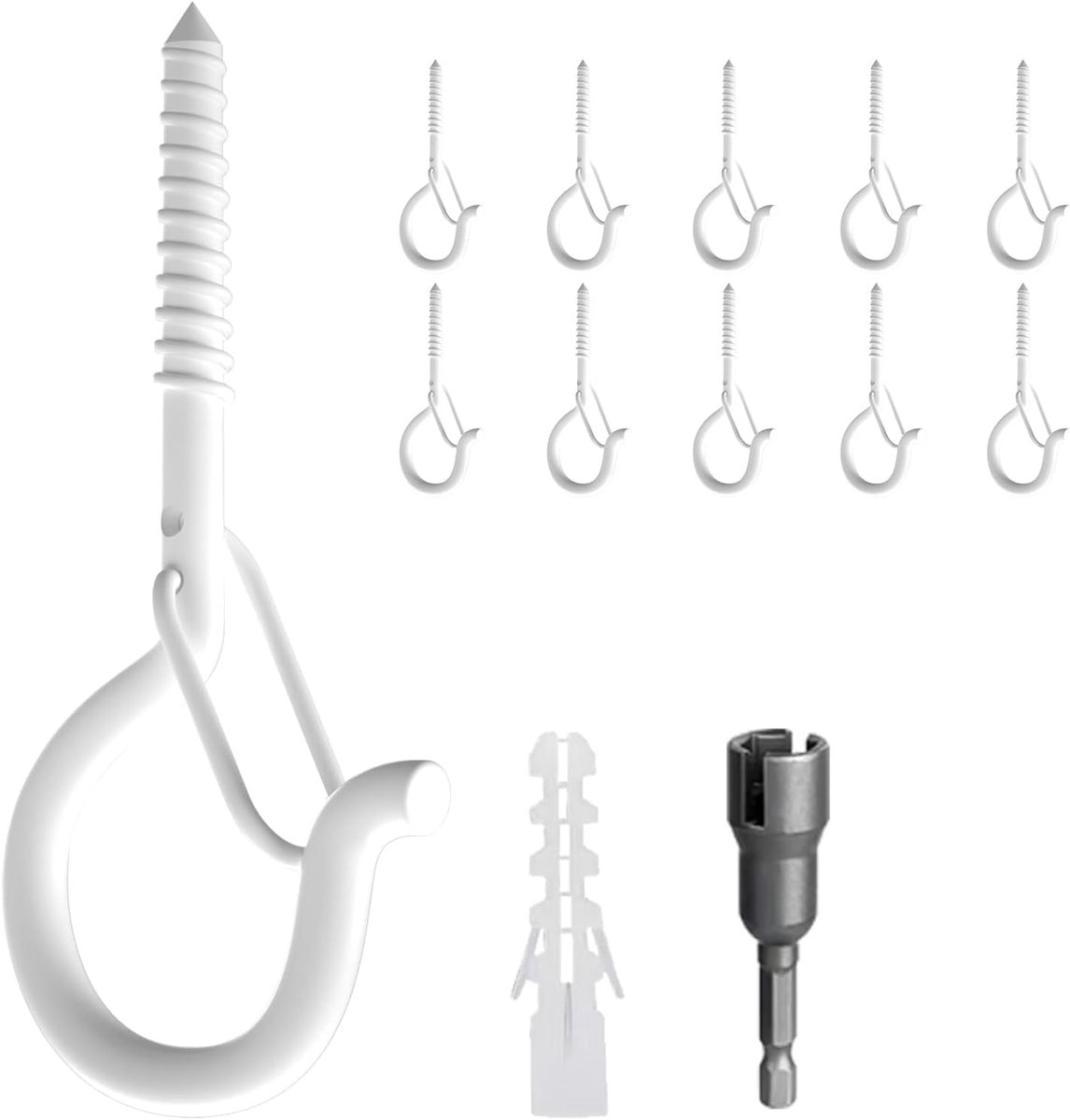 Haken, Plafondhaken en Wandhaken in Roestvrij Staal met Veiligheidsgesp, Zware Belasting Schroefhaken voor Plantenmanden, Kerstdecoratie, Lampen en Kattennetten (wit)