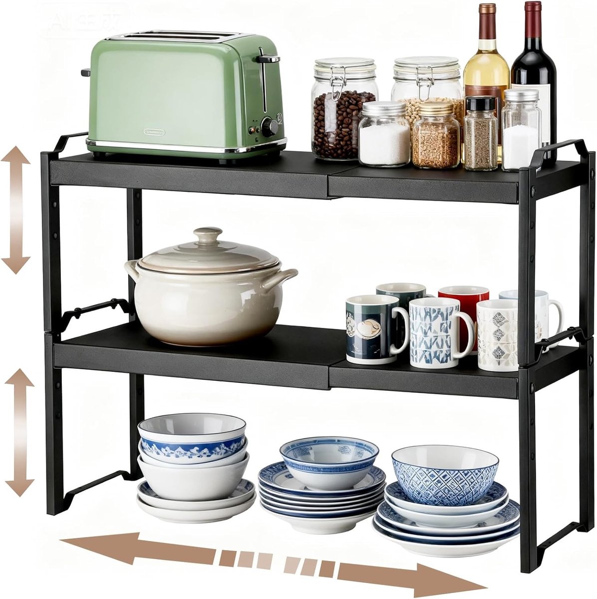 Uitbreidbaar Keukenrek Organiser 32-53cm, Stevige Keukenkastplanken, Verstelbare Zwarte Planken met 3 Hoogte-instellingen voor Efficiënte Opbergruimte en Organisatie
