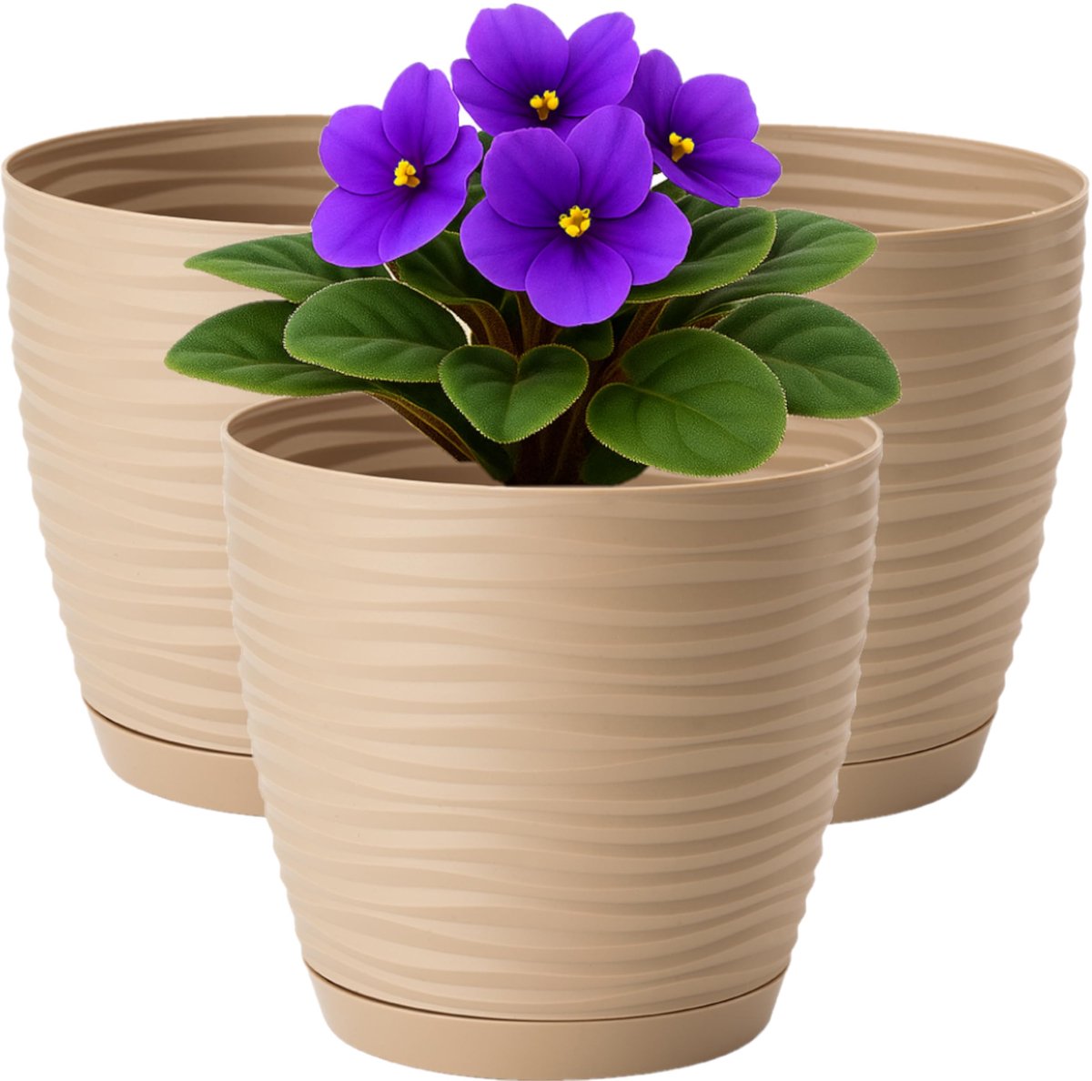 Plantenpotten Binnen, Set van 3 Binnenplantenpotten met 3D-Effect, Drainagegaten en Geïntegreerde Schotel, Plastic Bloempotten (Diameter: 27cm, Kleur: Taupe)