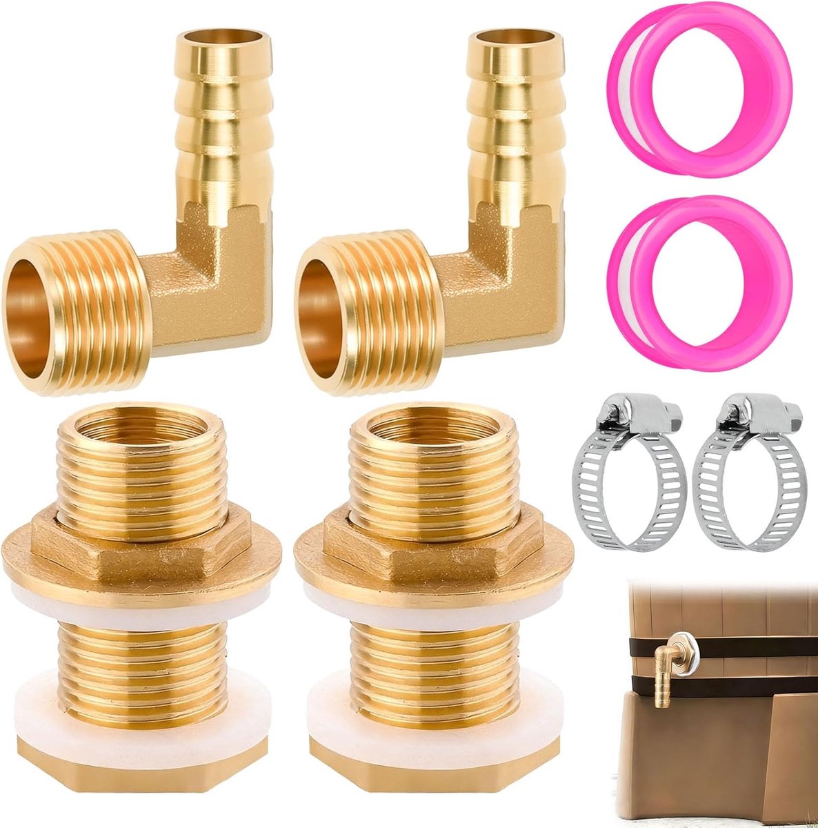 2 stuks tankschroefverbinding tankdoorvoer, messing regentondoorvoer, 1/2 inch AG 3/8 inch IG schroefverbinding, regentonaansluiting met slangtule, slangklemmen, teflonband