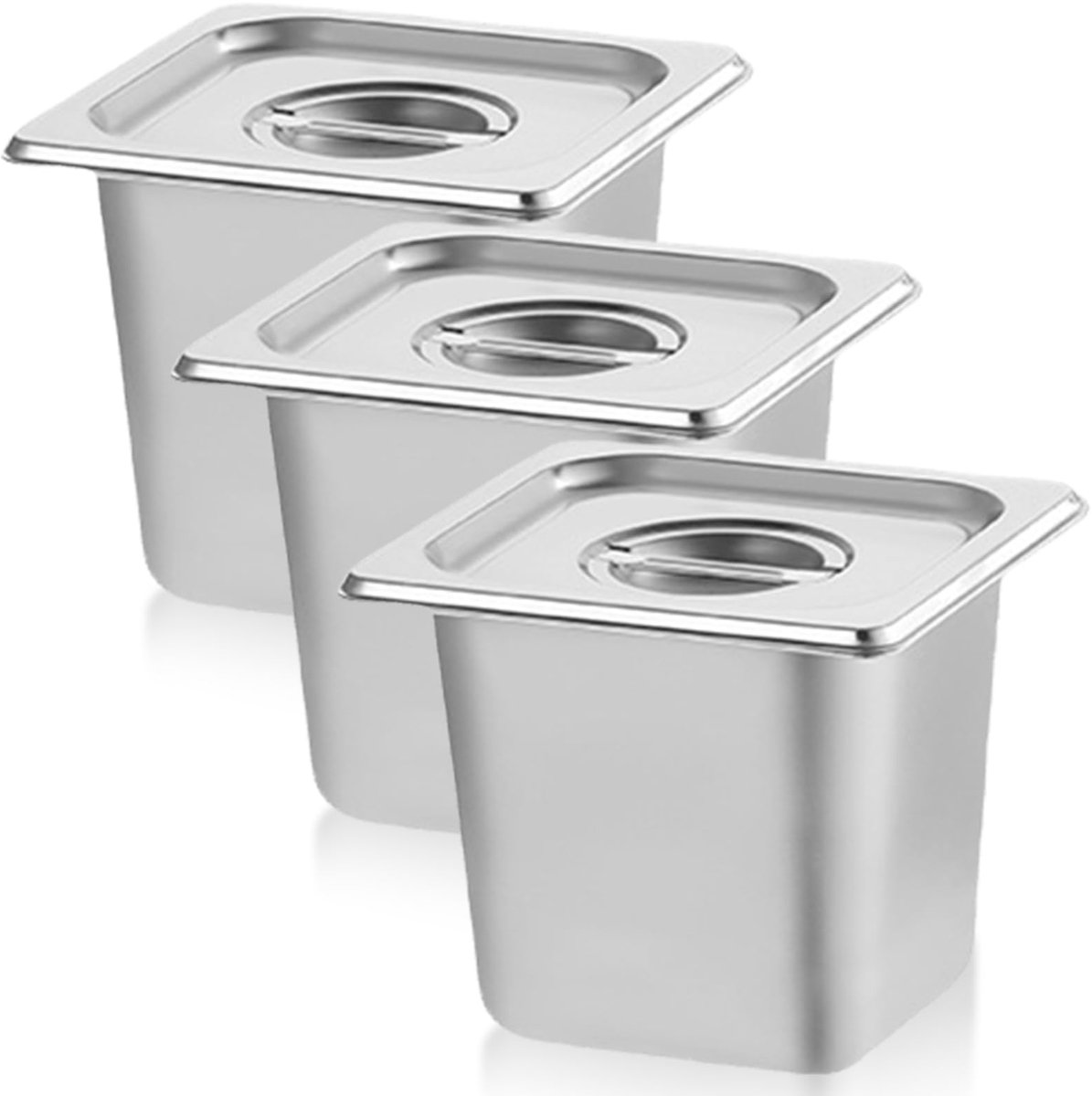 3 stuks containers, 1/6 roestvrij staal met deksel, 17,6 x 16,2 x 10 cm diepe pannen, hotelpannen, 100 mm hoog, warmhoudcontainer, eten, stapelbare vershoudcontainer, hittebestendige gastronomische